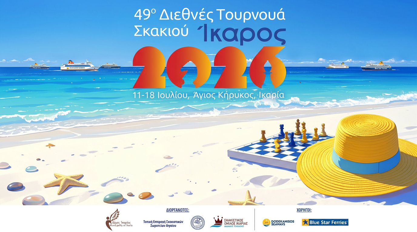 Ikaria 2026 International Chess Tournament Chessboard and yellow hat on sandy beach with sea background and 2026 chess tournament text