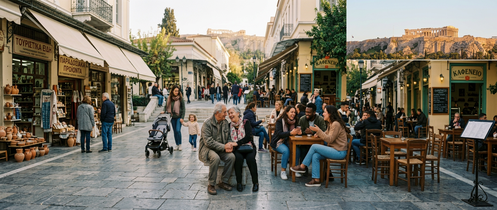 People socializing at outdoor cafés on a pedestrian street beneath the Acropolis